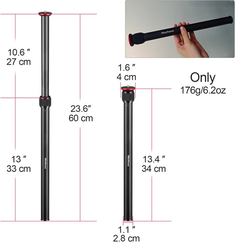 MINIFOCUS Tripod Extension, 2 Section Center Columns, 23.4" Alloy Aluminum Tripod Extender Tube Telescopic Stick Rod with 1/4" 3/8" Screw, Compatible with Tripods/Gimbal/Camera, Max Load 33lb - Image 2
